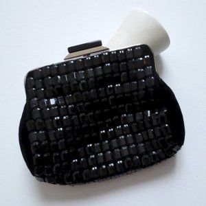 Accessorize Black Beaded Frame Faux Jet Suede Clutch Purse Bag